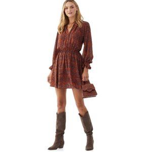 Orange Rust Scoop Brick Mosaic Print Long Sleeve Dress